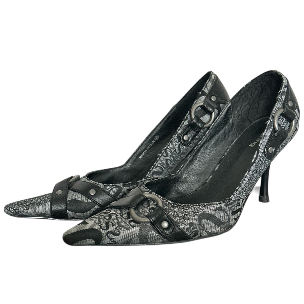 Y2K Preppy “Spring” Grey Monogram Print Pointed Toe Heels with Buckle Detailing